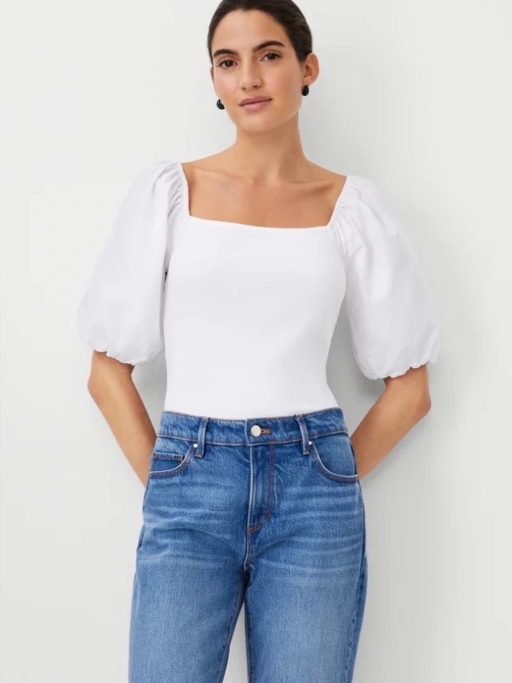 NWT Ann Taylor White Mixed Media Puff Sleeve Top (Sz XL)